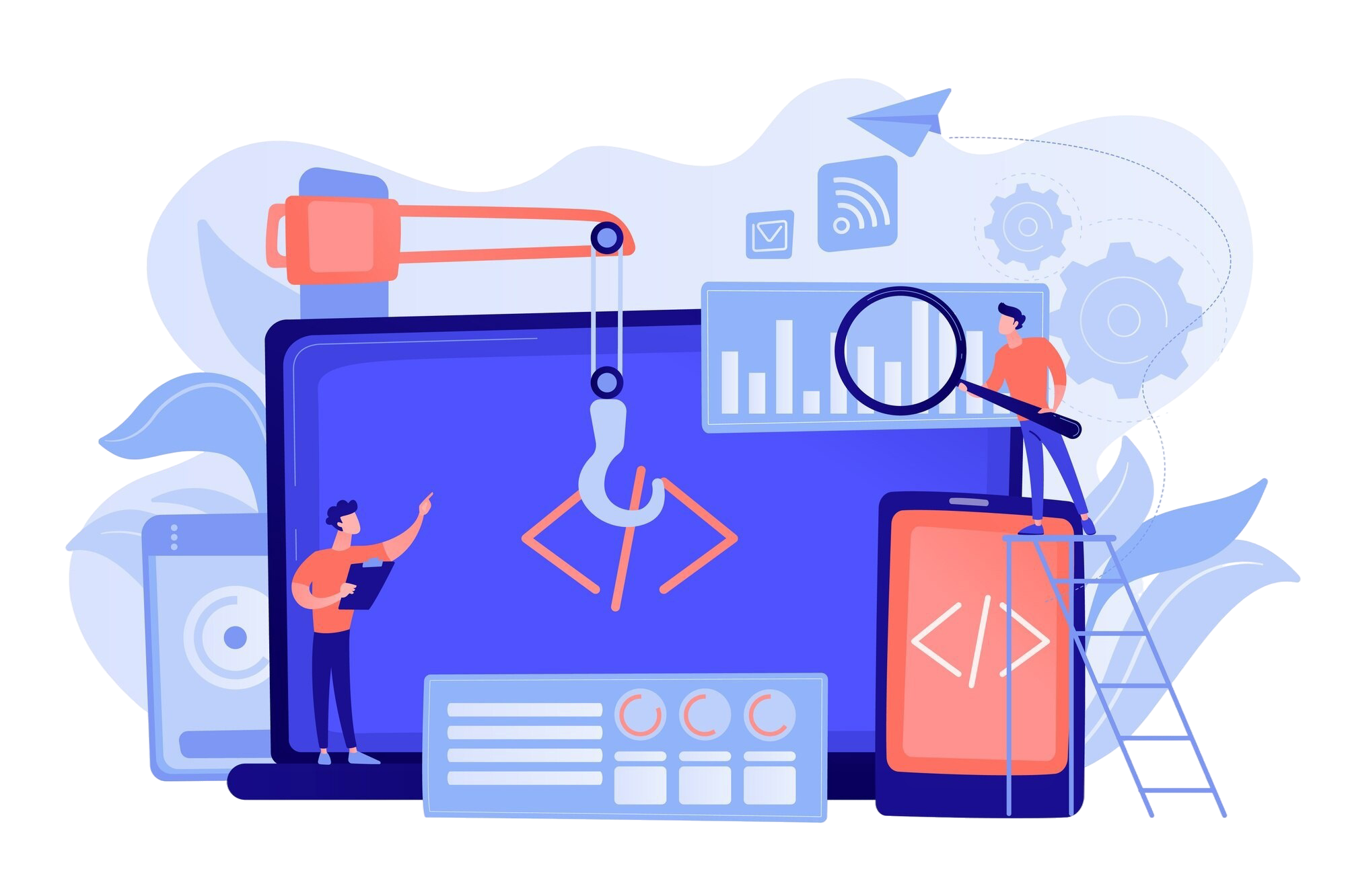 engineer-developer-with-laptop-tablet-code-cross-platform-development-cross-platform-operating-systems-software-environments-concept-pinkish-coral-bluevector-isolated-illustration